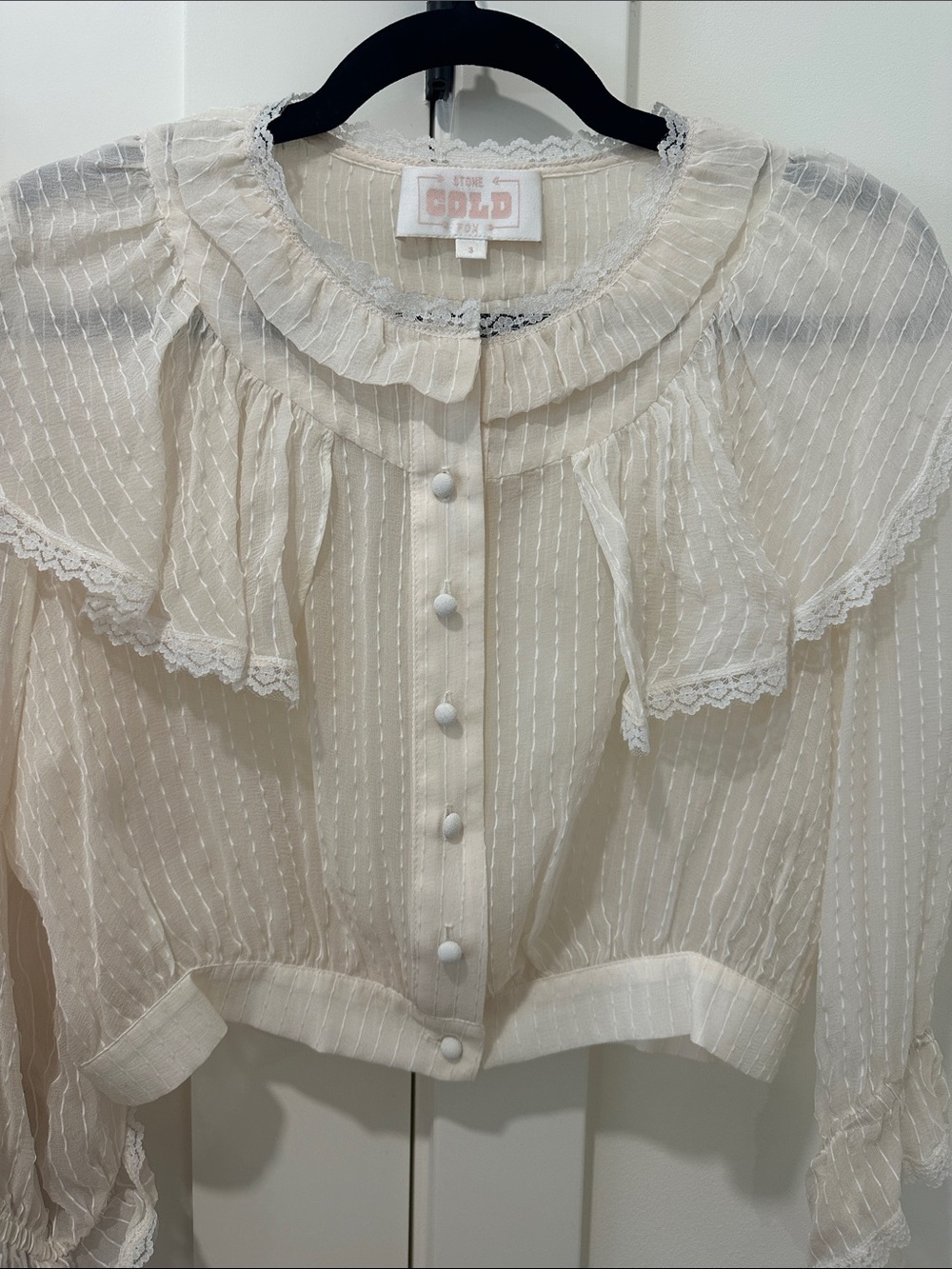 Stone Cold Fox Cream Sheer Ruffle Button-Front Blouse - Picture 3 of 4